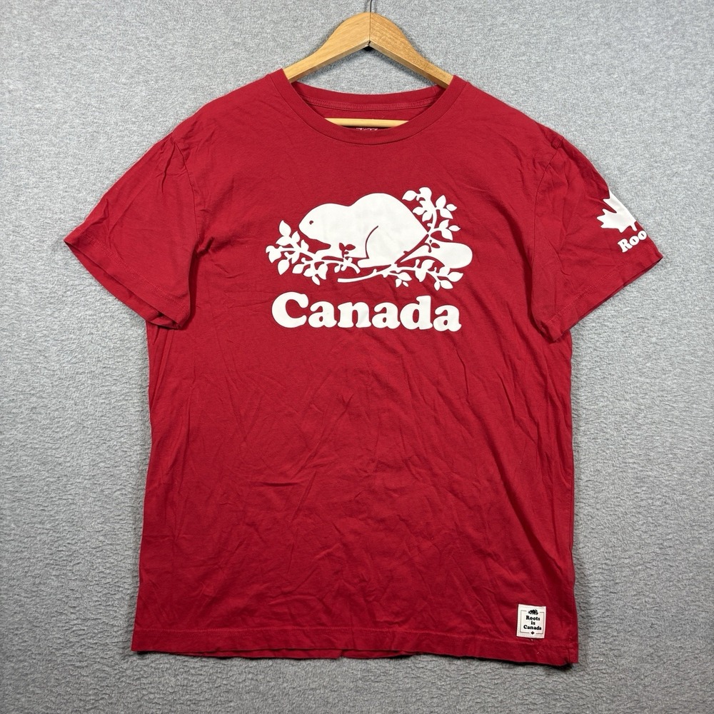 Roots Canada Beaver Logo T Shirt Mens Large Red Graphic Tee Made In Canada